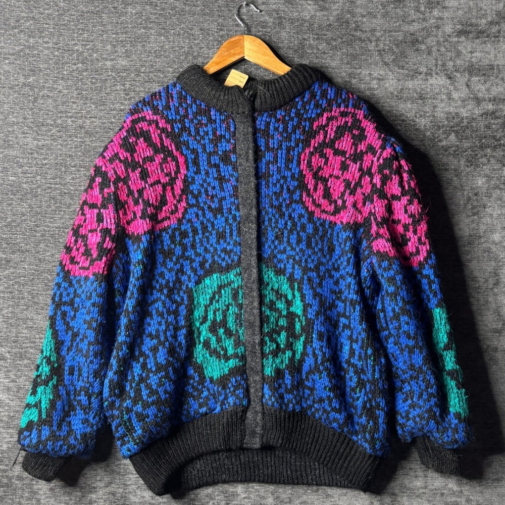 90s Vintage Floral Knit Zip Up Cardigan Sweater Extra Touch Pink Green Size 42